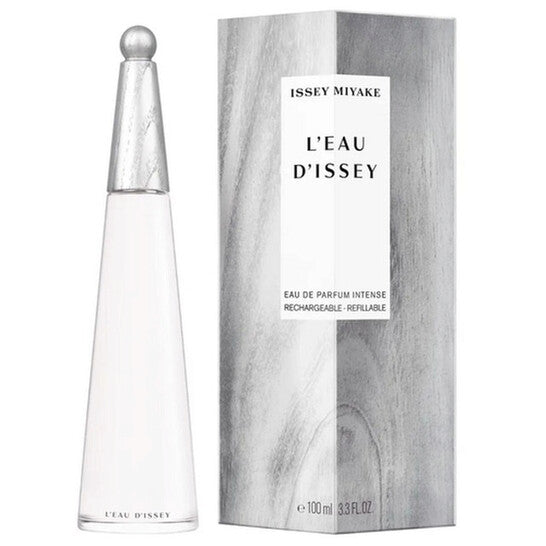 image showing the bottle and packaging for L'eau D'issey Intense Perfume By Issey Miyake Eau De Parfum Refillable Spray 100ml