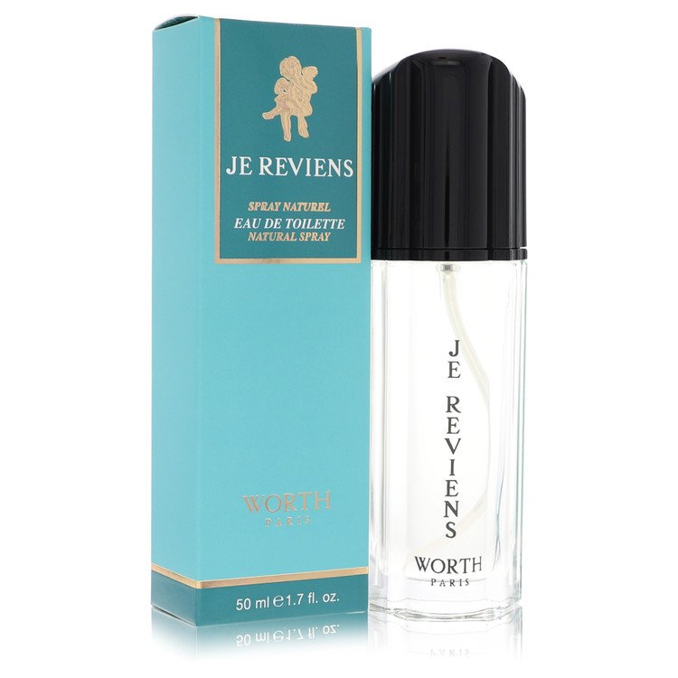 Perfume bottle and packaging of 'JE REVIENS' by Worth on a white background