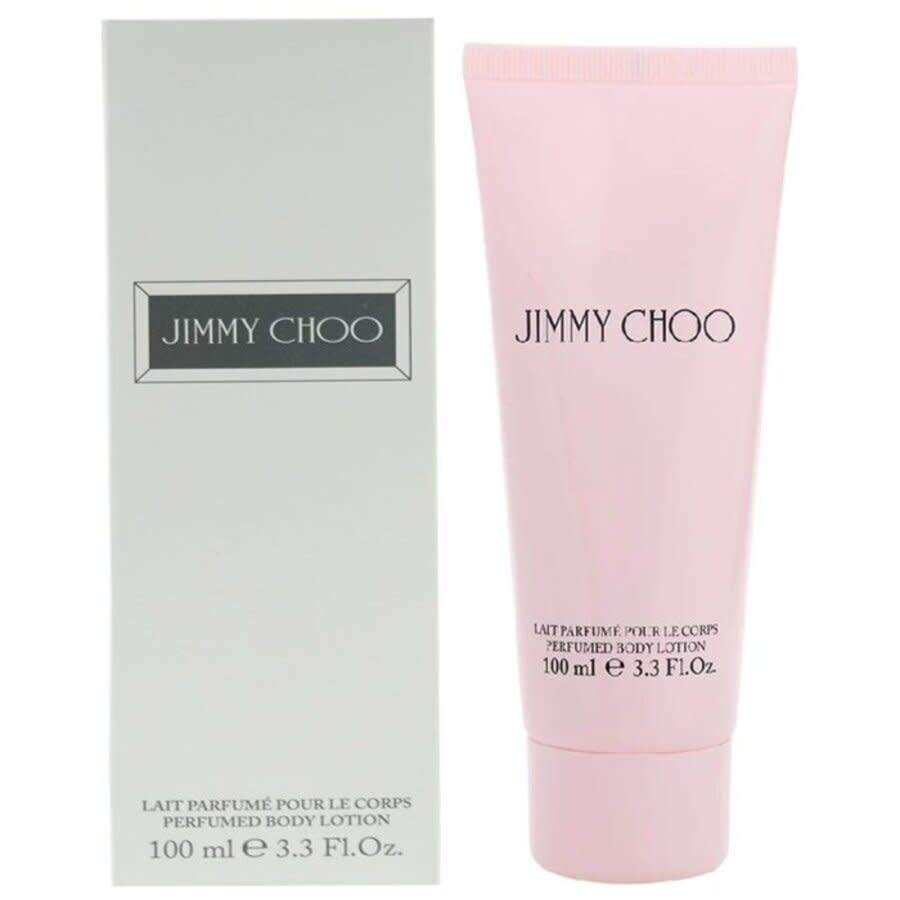 Pink Jimmy Choo body lotion with packaging on a white background