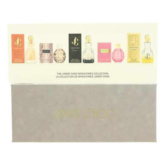 image showing the bottle and packaging for Jimmy Choo 5 Pcs Mini Set For Women: I Want Choo 4.5 ml Parfum + Rose Passion 4.5 ml Eau De Parfum + I Want Choo Forever 4.5 Ml Eau De Parfum + 4.5 Ml Eau De Parfum + I Want Choo 4.5 ml Eau De Parfum set