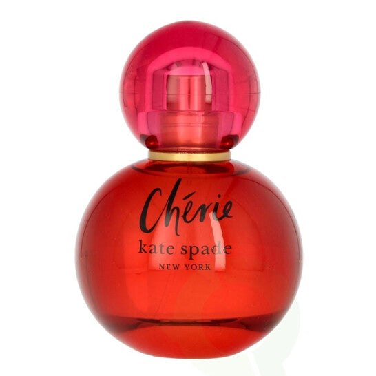 Red perfume bottle with 'Chérie' and 'kate spade New York' text on a white background