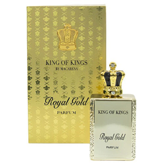 image showing the bottle and packaging for Macarena King Of Kings Royal Gold Cologne By Macarena Parfum Spray 100ml