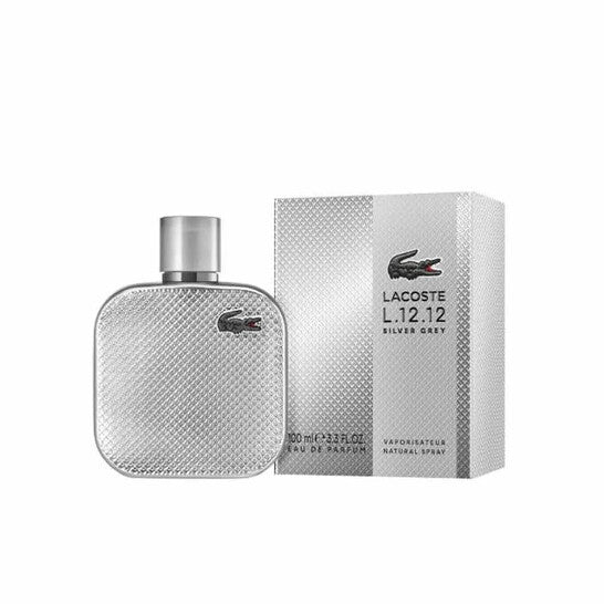 image showing the bottle and packaging for Lacoste Eau De Lacoste L.12.12 Silver Grey Cologne By Lacoste Eau De Parfum Spray 100ml
