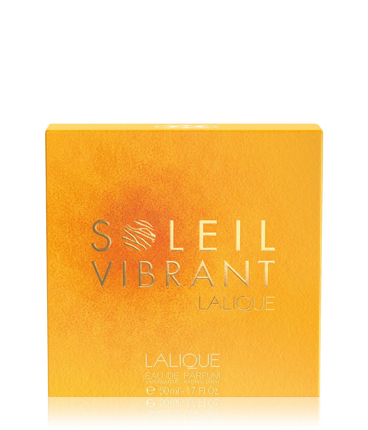 Lalique Soleil Vibrant Eau de Parfum box in a textured golden-yellow color with silver lettering, shown on a white background with a soft reflection.