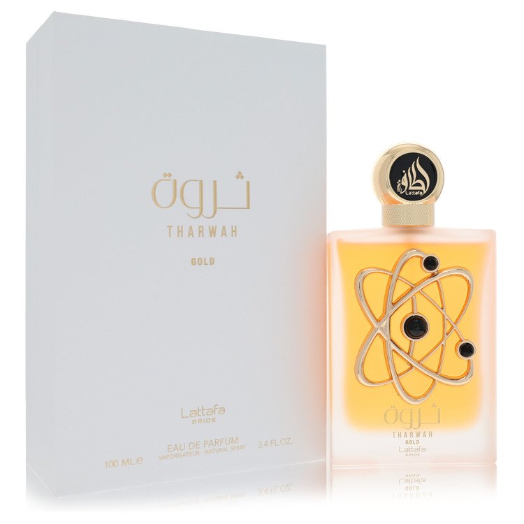 image showing the bottle and packaging for Lattafa Pride Tharwah Gold Perfume By Lattafa Eau De Parfum Spray 100ml