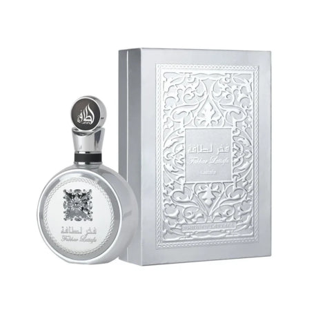 image showing the bottle and packaging for Lattafa Fakhar Platin Cologne By Lattafa Eau De Parfum Spray (Unisex) 100ml