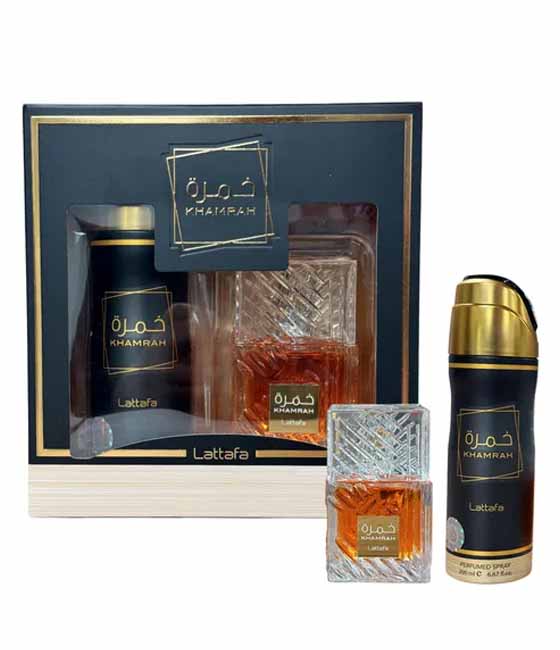 image showing the bottle and packaging for Lattafa Khamrah 2 Pcs Giftset With 100ml EDP + 200ml Perfumed Spray Set