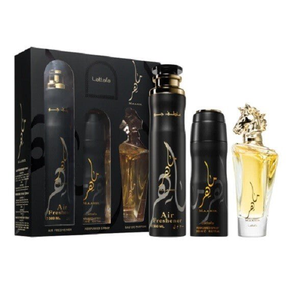 Lattafa Maahir 3 Pcs Gift Set With 100ml EDP+ 200ml Deo + 300ml Air Freshner - Just Perfume