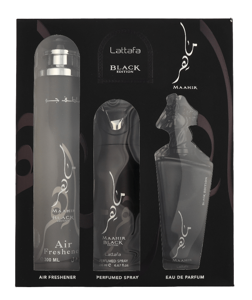 Lattafa Maahir Black Edition 3pcs Gift Set 100ml EDP + 200ml Deo + 300 ml Air Freshner - Just Perfume