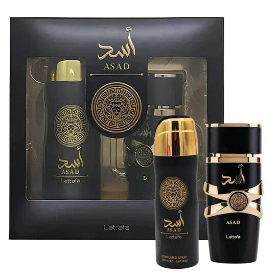 image showing the bottle and packaging for Lattafa Asad 2 Pcs Gift Set With 100ml EDP + 200ml Perfumed Spray Set