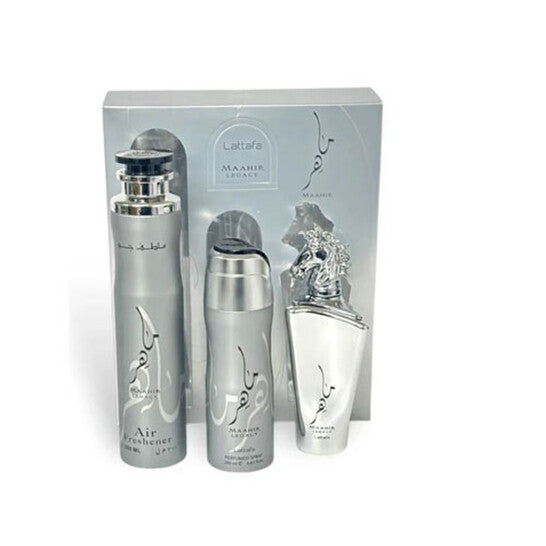 image showing the bottle and packaging for Lattafa Maahir Legacy 3 Pcs Gift Set With 100ml EDP + 200ml Deo + 50ml Air Freshner Set