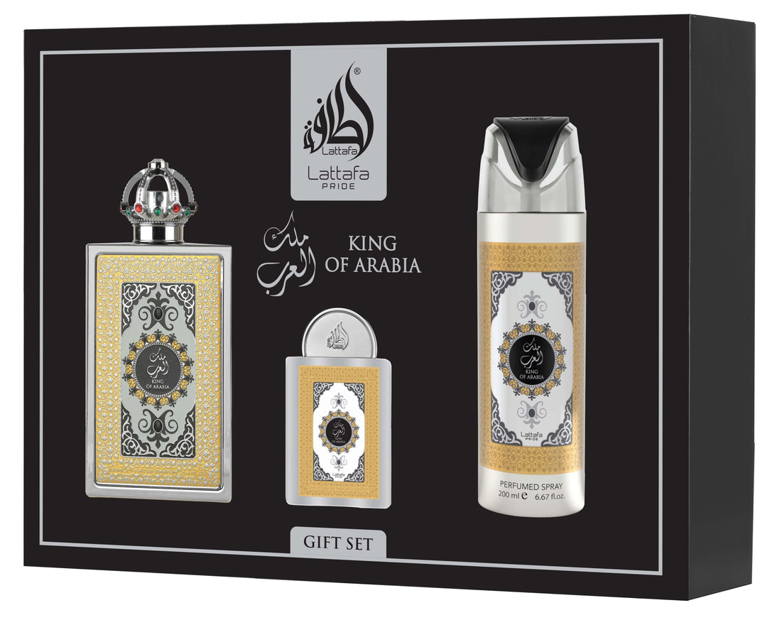 Lattafa Opulent Oud 3 pcs Gift Set   100ml EDP Spray + 300 Air Freshener + 200 Perfumed Spray set  - Just Perfume