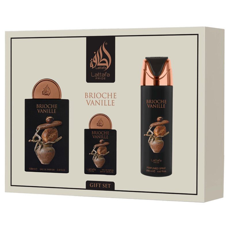 Lattafa Pride Brioche Vanille 3 pcs Gift Set   100ml EDP + 20ml EDP + 200ml Perfumed Spray set  - Just Perfume