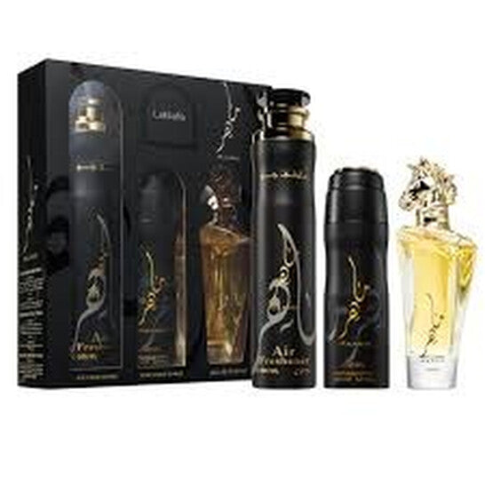 image showing the bottle and packaging for Lattafa Maahir 3 Pcs Gift Set With 100ml EDP+ 200ml Deo + 300ml Air Freshner Set