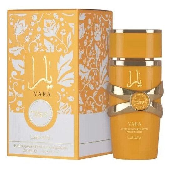 Yara perfume bottle and packaging with decorative design on a white background