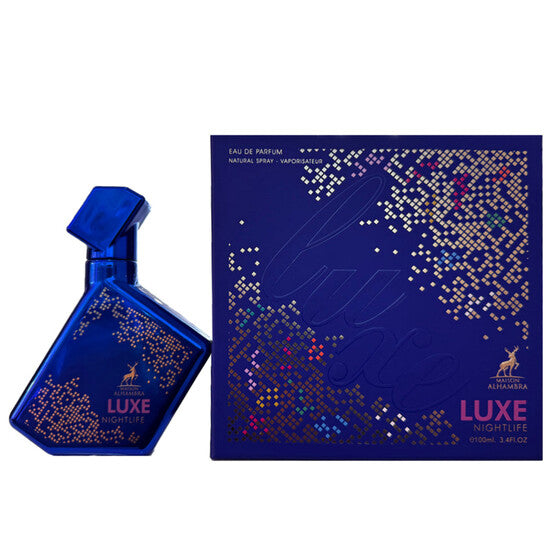 image showing the bottle and packaging for Maison Alhambra Luxe Nightlife Cologne By Maison Alhambra Eau De Parfum Spray 100ml