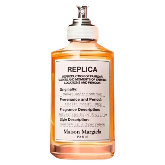 image showing the bottle and packaging for Maison Margiela Replica Never Ending Summer EDT 100ml Spray 100ml