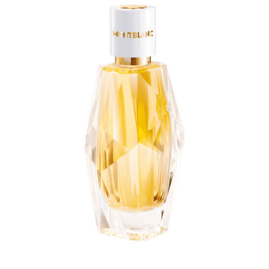 Perfume bottle with gold and white design on a white background