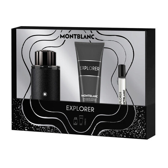 Image showing what you will get when you purchase Mont Blanc Explorer 3Pc Set   Edp 100Ml + Shower Gel 100Ml + Travel Spray 7.5Ml