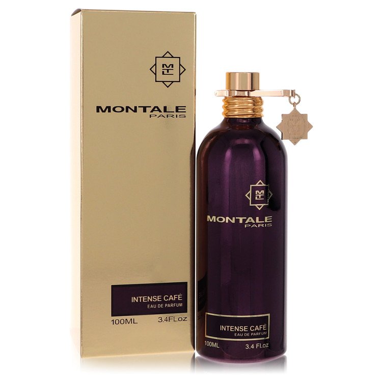 Montale Intense Cafe 100ml bottle and packing.  Bottle is purple with a tag, box is a gold colour