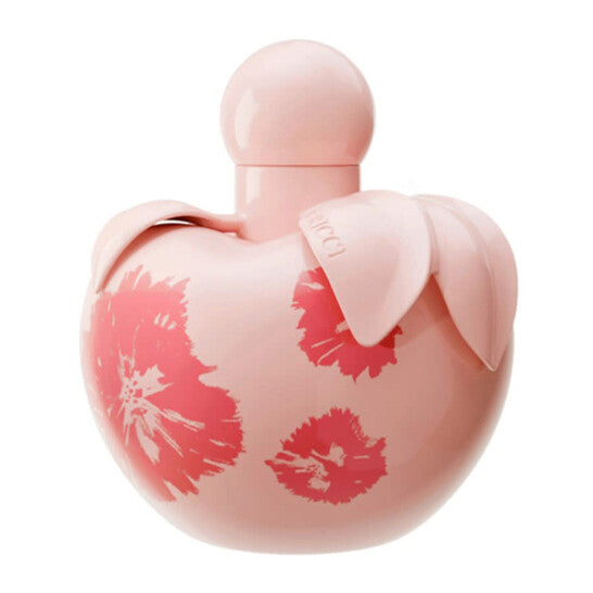 Pink perfume bottle with floral design on a white background