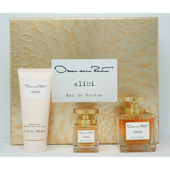 image showing the bottle and packaging for OSCAR DE LA RENTA ALIBI 3PC SET   EDP 100ML SPRAY + BODY LOTION 100ML + EDP 30ML SPRAY set