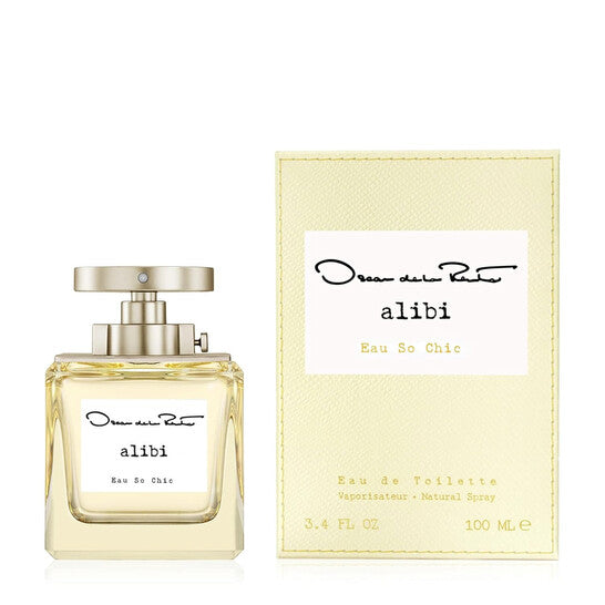 image showing the bottle and packaging for Oscar De La Renta Alibi Eau So Chic Perfume By Oscar de la Renta Eau De Toilette Spray 100ml