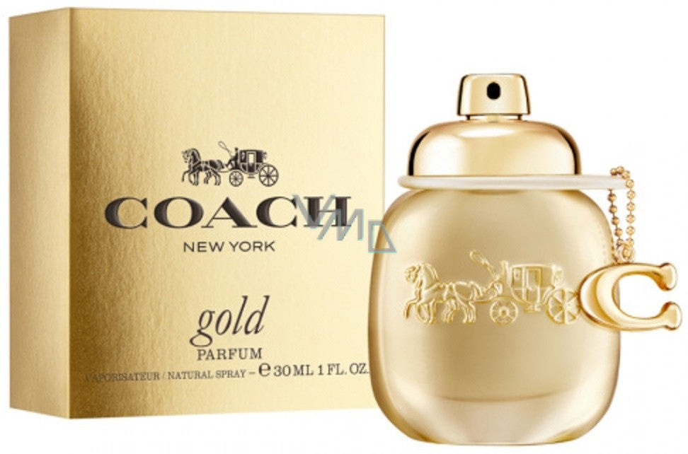 image showing the bottle and packaging for Coach Gold Parfum 30ml