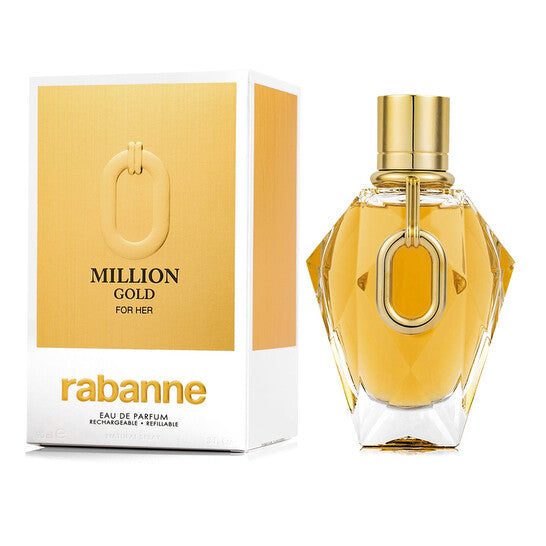 image showing the bottle and packaging for Paco Rabanne Million Gold Cologne By Paco Rabanne Eau De Parfum Refillable Spray 90ml