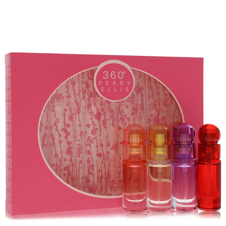 image showing the bottle and packaging for perry ellis 360 by Perry Ellis Gift Set    Four piece Travel Gift Set Includes 8ml Mini Eau De Parfum Spray of each. 360 Coral, 360 For Women, 360 Purple, 360 Red Set