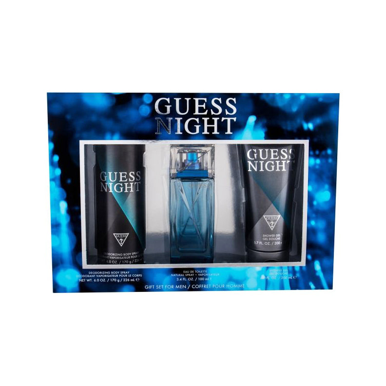 image showing the bottle and packaging for Guess Night (M) 3pc Set   EDT 100ml + Body Spray 180ml + Shower Gel 200ml set