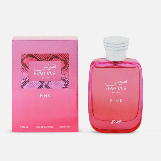 image showing the bottle and packaging for Hawas Pink Perfume By Rasasi Eau De Parfum Spray 100ml