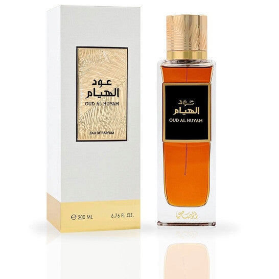 image showing the bottle and packaging for Rasasi Oud Al Huyam Cologne By Rasasi Eau De Parfum Spray 200ml