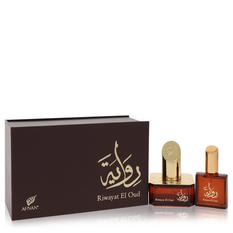 image showing the bottle and packaging for Riwayat El Oud Perfume by Afnan Eau De Parfum Spray + Free .67 oz Travel EDP Spray  50ml