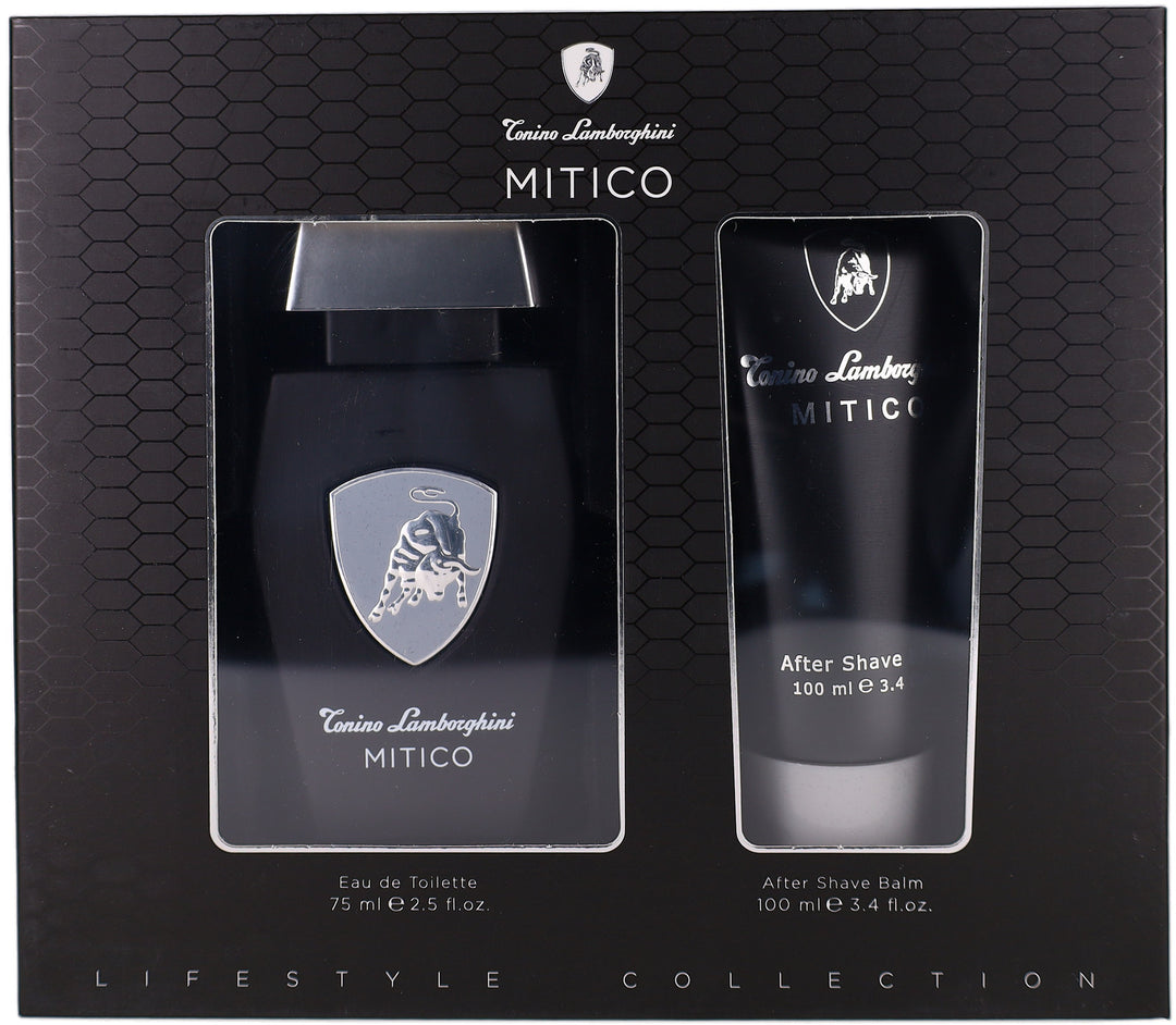 Two bottles of Tonino Lamborghini Mitico perfume set in a black packaging box.