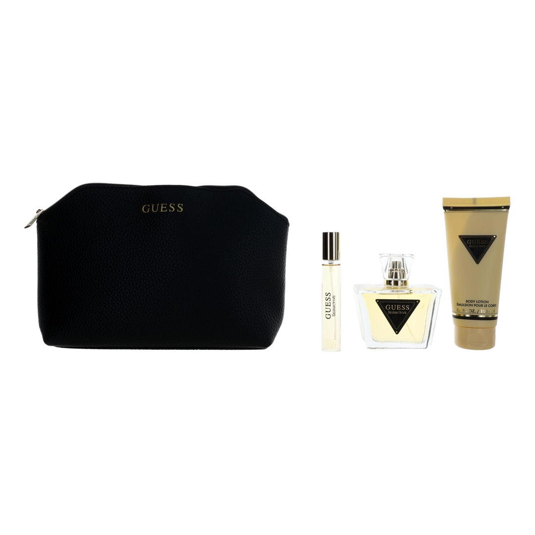 image showing the bottle and packaging for Guess Seductive (L) 4pc Set   EDT 75ml + Purse Spray 15ml + Body Lotion 100ml + Toiletries Bag Set