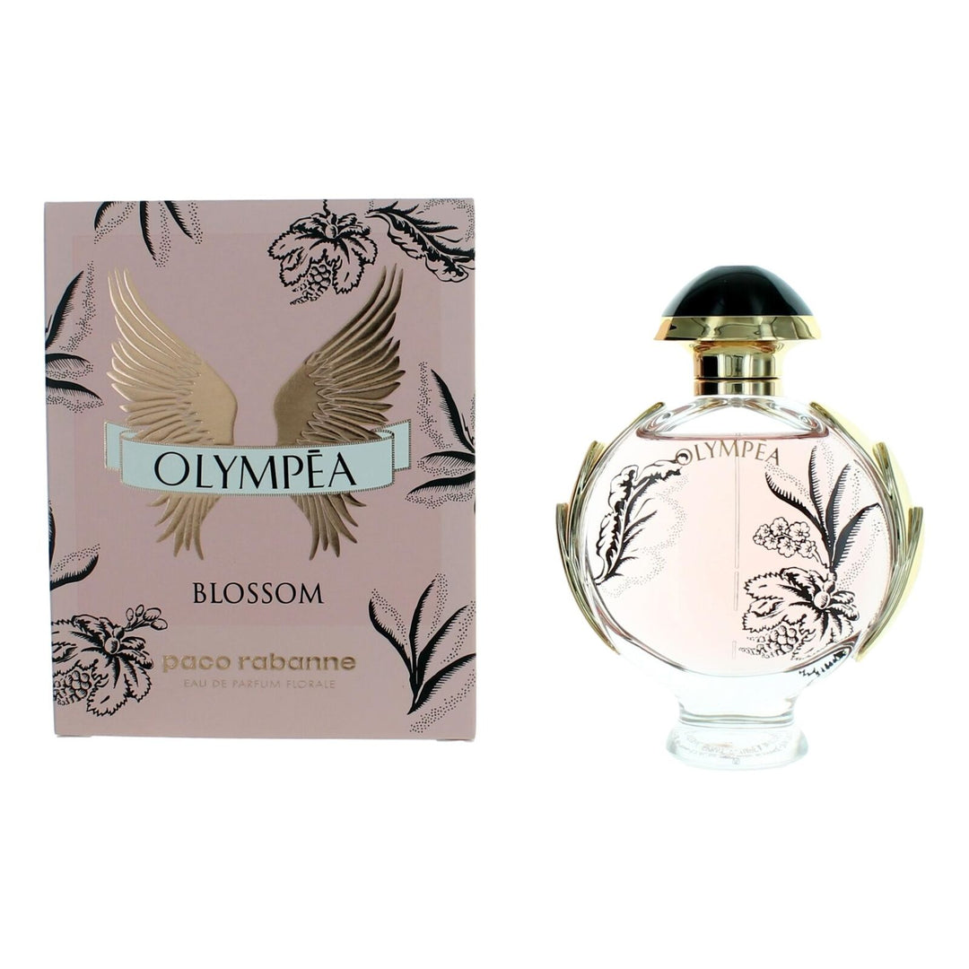 Paco Rabanne Olympéa Blossom perfume bottle and packaging on a white background