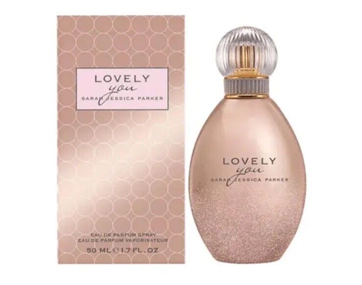 Perfume bottle and packaging of 'Lovely' by Sarah Jessica Parker on a white background