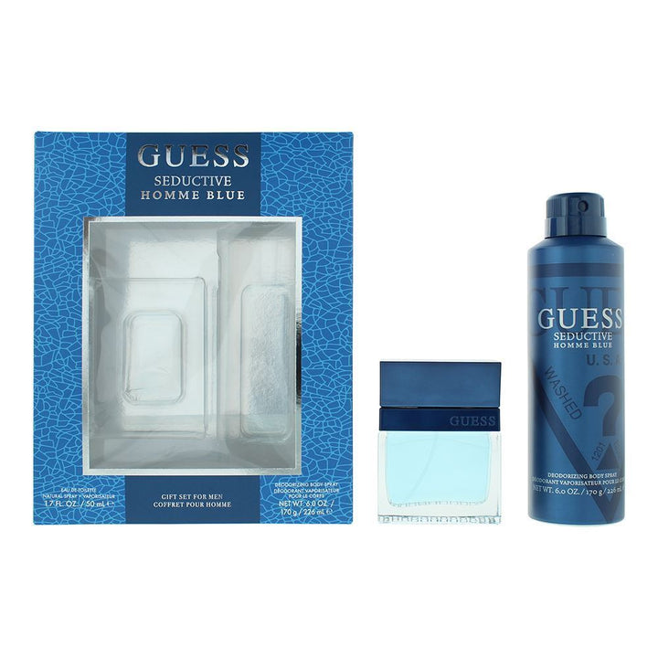 Guess Seductive Homme Blue perfume set with packaging and bottle on a white background