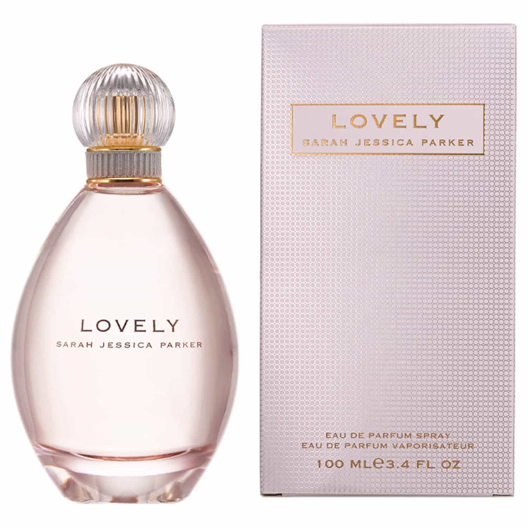Perfume bottle and packaging of 'Lovely' by Sarah Jessica Parker on a white background