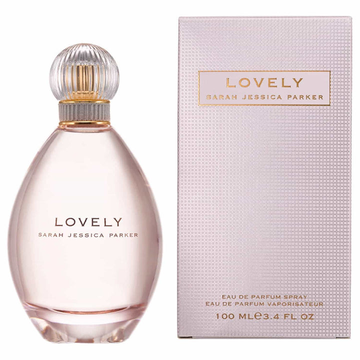 Perfume bottle and packaging of 'Lovely' by Sarah Jessica Parker on a white background