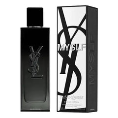 Black YSL perfume bottle and packaging on a white background
