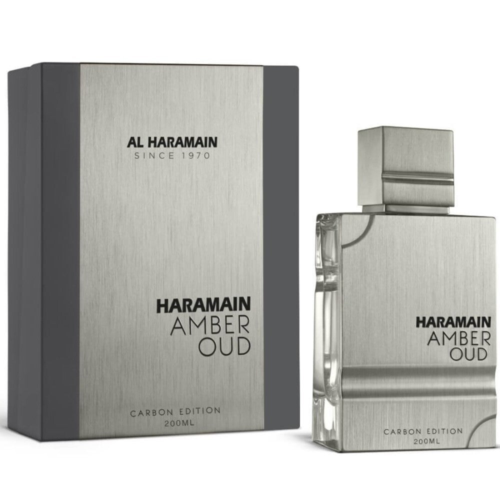 image showing the bottle and packaging for Al Haramain Amber Oud Carbon Edition Cologne By Al Haramain Eau De Parfum Spray 200ml