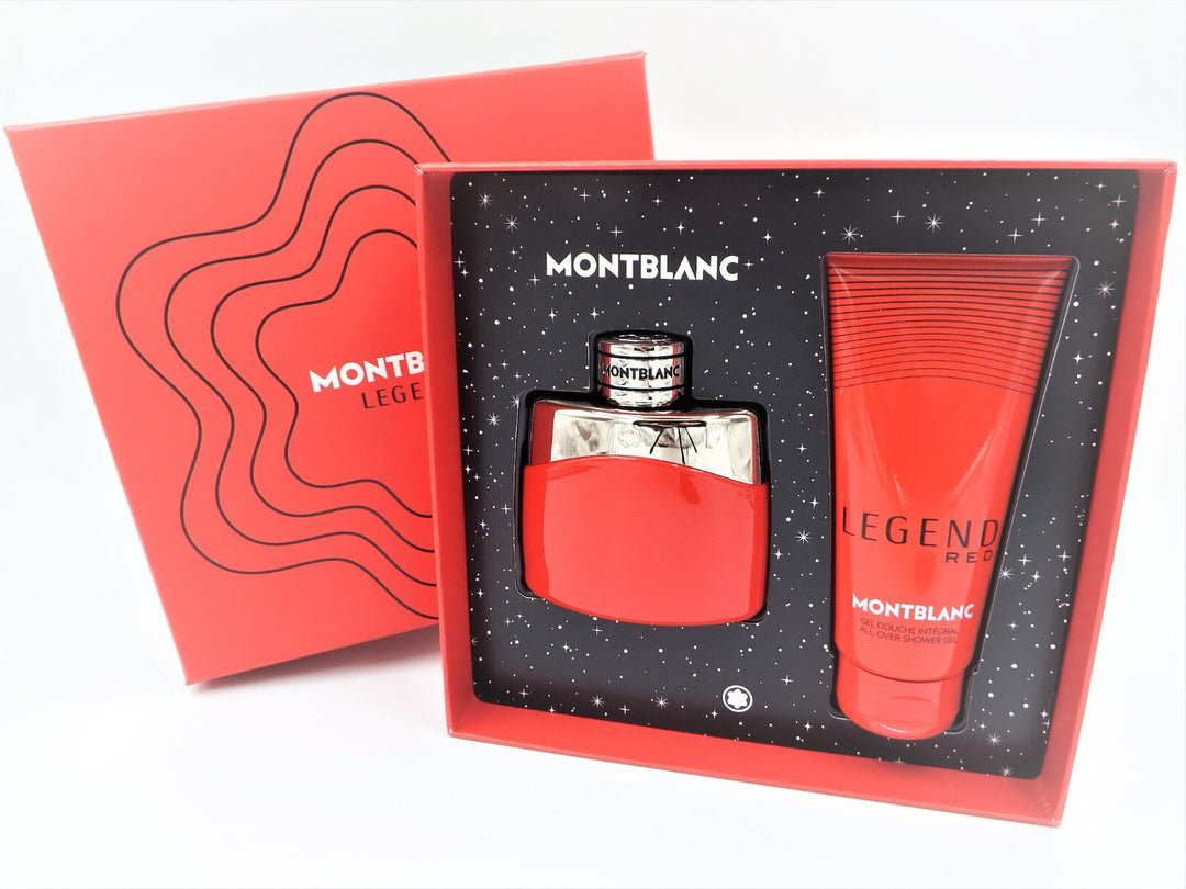 Montblanc Legend red perfume set with bottle and tube in a box on a white background