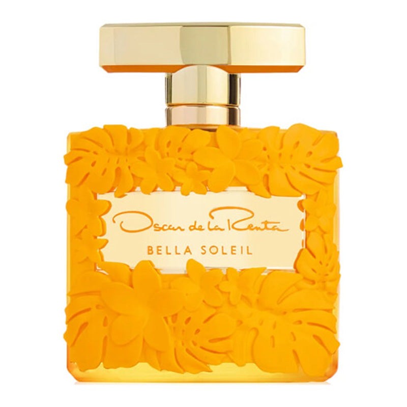 Orange perfume bottle with floral design and gold cap on a white background