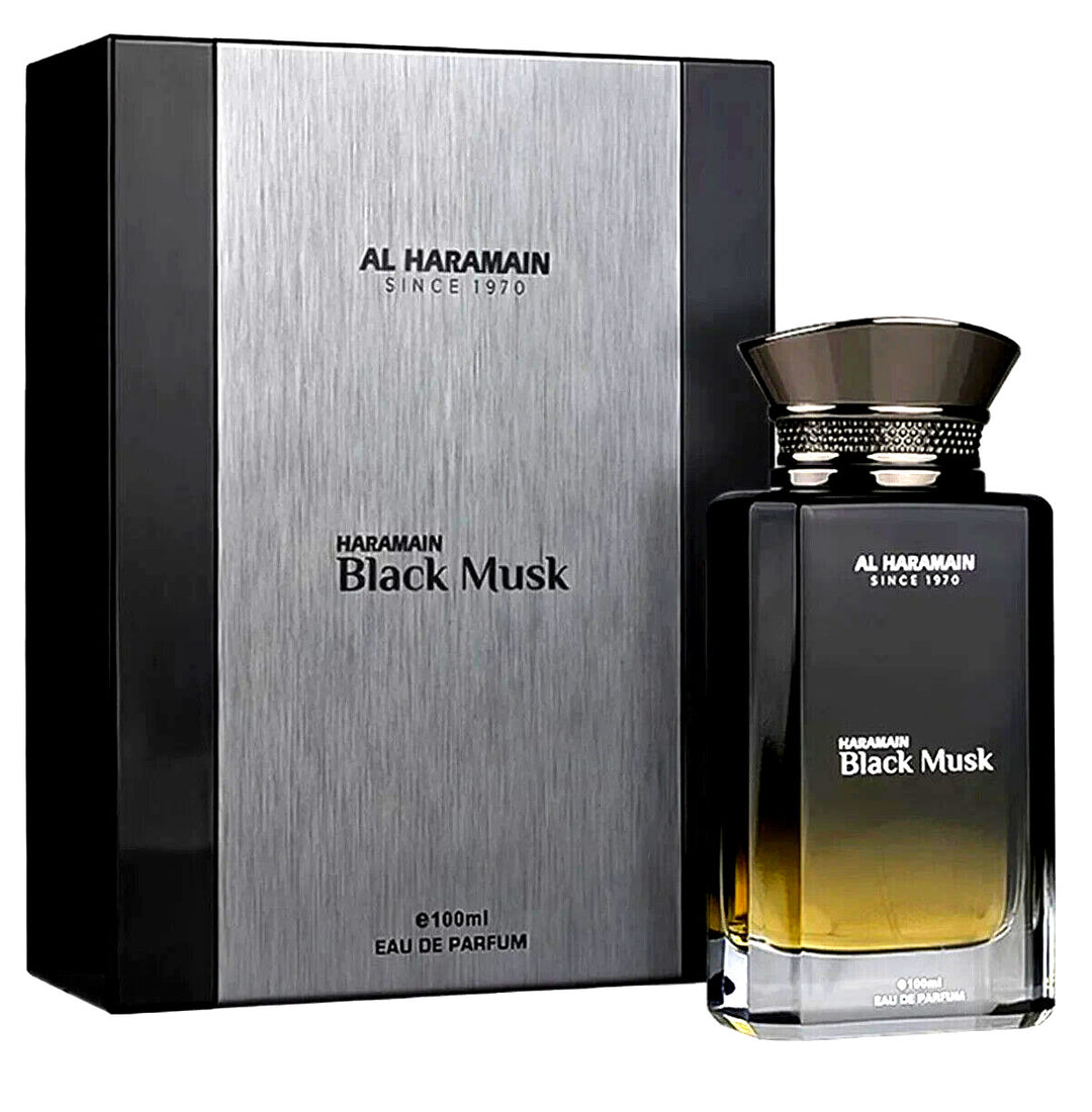 image showing the bottle and packaging for Al Haramain Black Musk Cologne By Al Haramain Eau De Parfum Spray 100ml