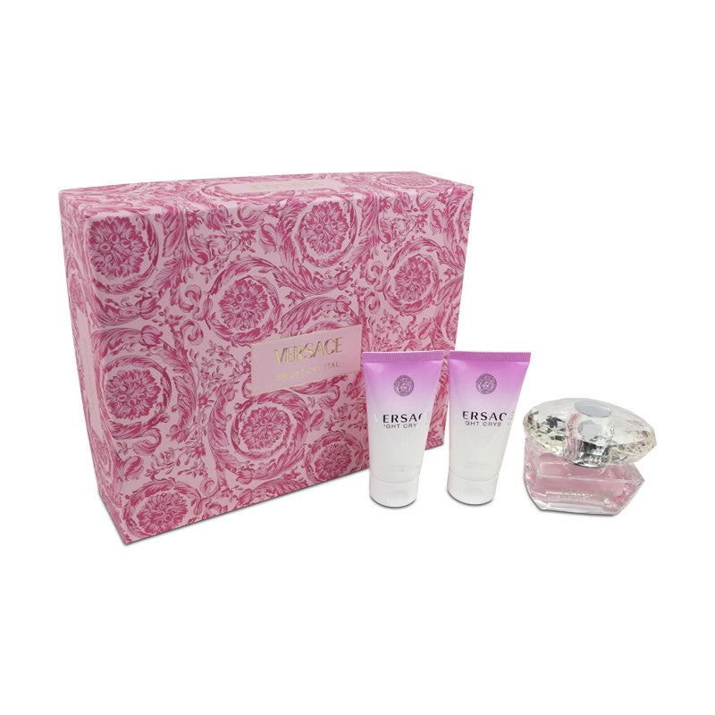 image showing the bottle and packaging for VERSACE BRIGHT CRYSTAL 3PC SET   EDT 50ML + BODY LOTION 50ML + SHOWER GEL 50ML set