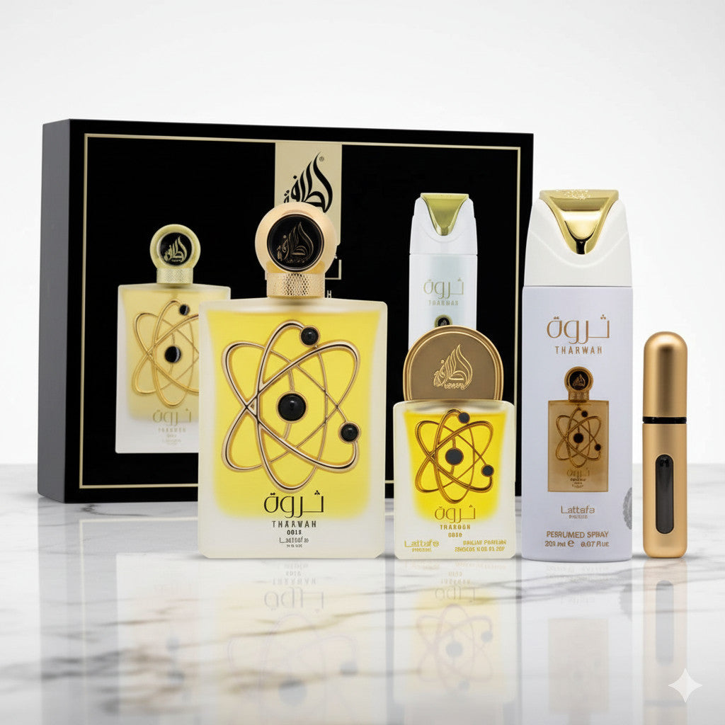 image showing the bottle and packaging for Lattafa Pride Tharwah Gold 4 Pcs Gift Set With 100ml EDP + 20ml EDP + 200ml Perfumed Spray Set