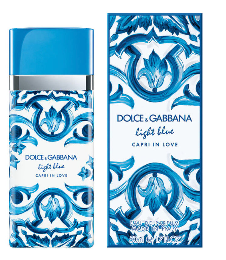 image showing the bottle and packaging for Light Blue Capri In Love Perfume By Dolce & Gabbana Eau De Parfum Spray 50ml