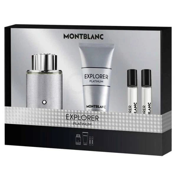 Mont Blanc Explorer Platinum 4 pc Set    EDP Spray 100ml + 100ml Shower Gel + 2 X 7.5ml Travel Spray set  - Just Perfume